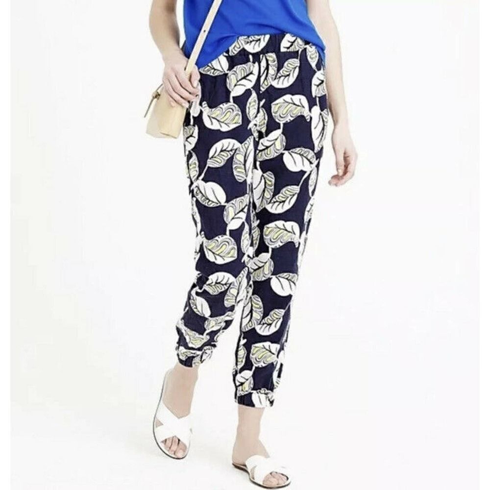 J. Crew Navy White Yellow Leaf Linen Joggers Pants